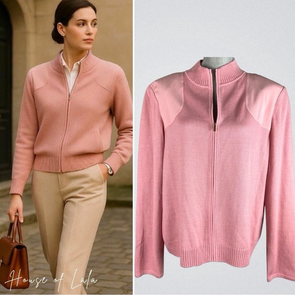 St. John Sweaters - NWOT St. John designer pink knit cardigan sweater wool rayon silk elbow patches